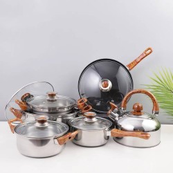 Set ollas acero inoxidable 12 piezas con tetera tapa vidrio sartén antiadherente