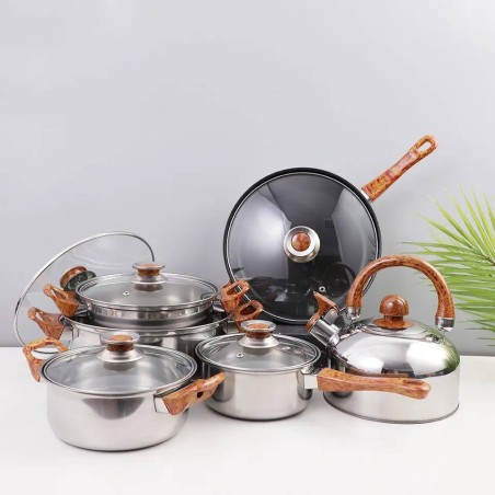 Set ollas acero inoxidable 12 piezas con tetera tapa vidrio sartén antiadherente