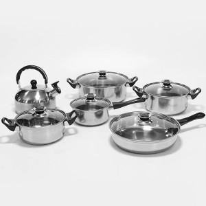 Set ollas acero inoxidable 12 piezas con tetera tapa vidrio sartén antiadherente